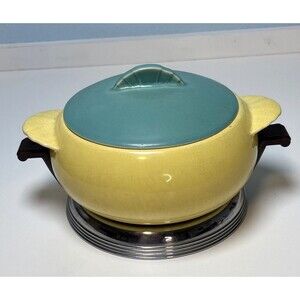 Caliente Pottery Casserole Metal Trivet Bakelite Handles Vintage yellow